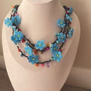 Blue Flower Crochet Bib Necklace with Gemstones, Three Strand Choker